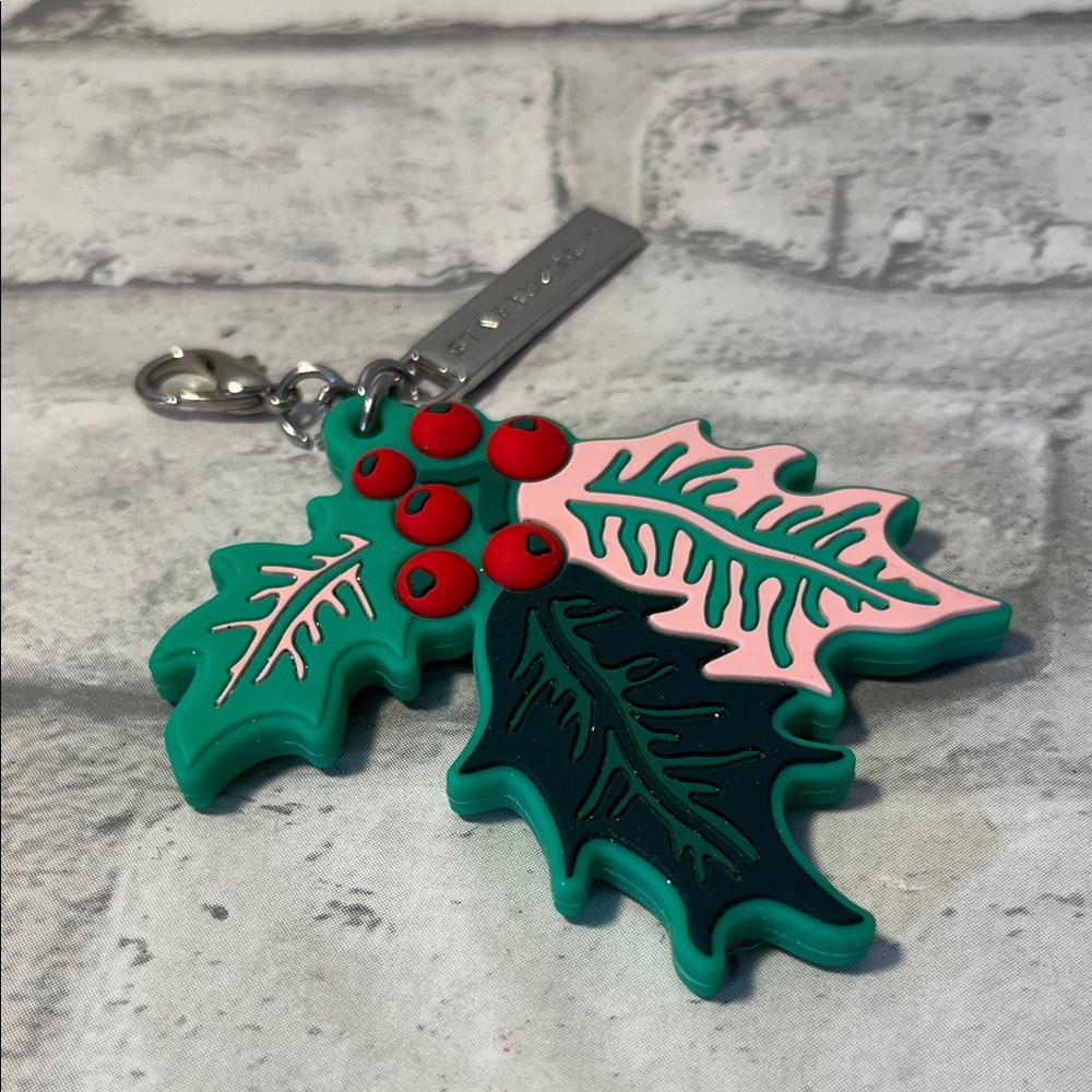 Starbucks Silver and Green Keychain with Red Accents holiday winter rubber